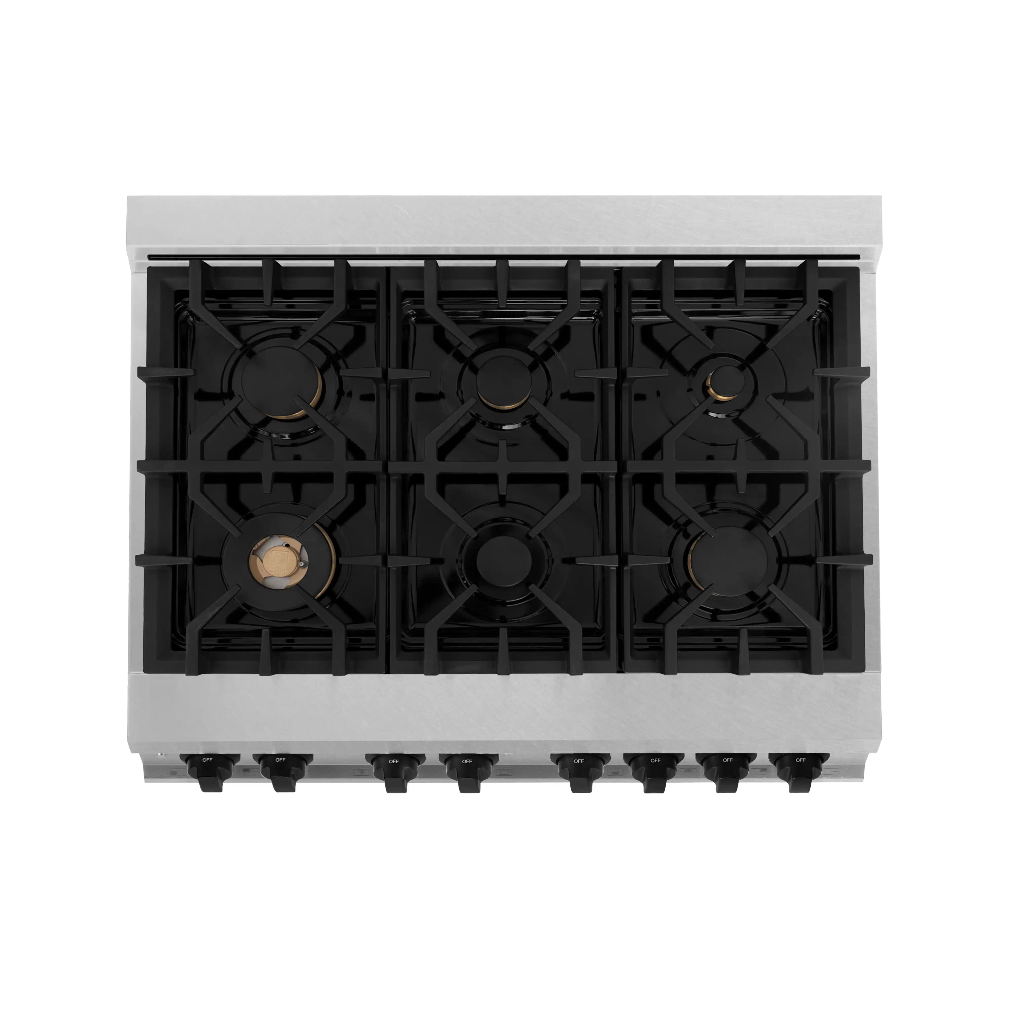 Dual fuel range with six black cast-iron burners on a stainless cooktop