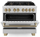 ZLINE Legacy Series Autograph Edition 36-inch Dual Fuel Range with Gas Stove and 4.6 Cu. Ft. Electric Oven in Fingerprint Resistant Satin Stainless Steel with Champagne Bronze Accents (RASZ-SN-36-CB)