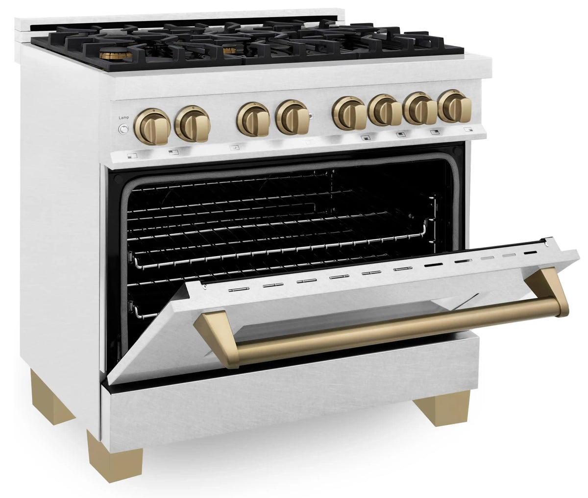 Dual fuel range angled view with gas cooktop, open oven door, and champagne bronze handle