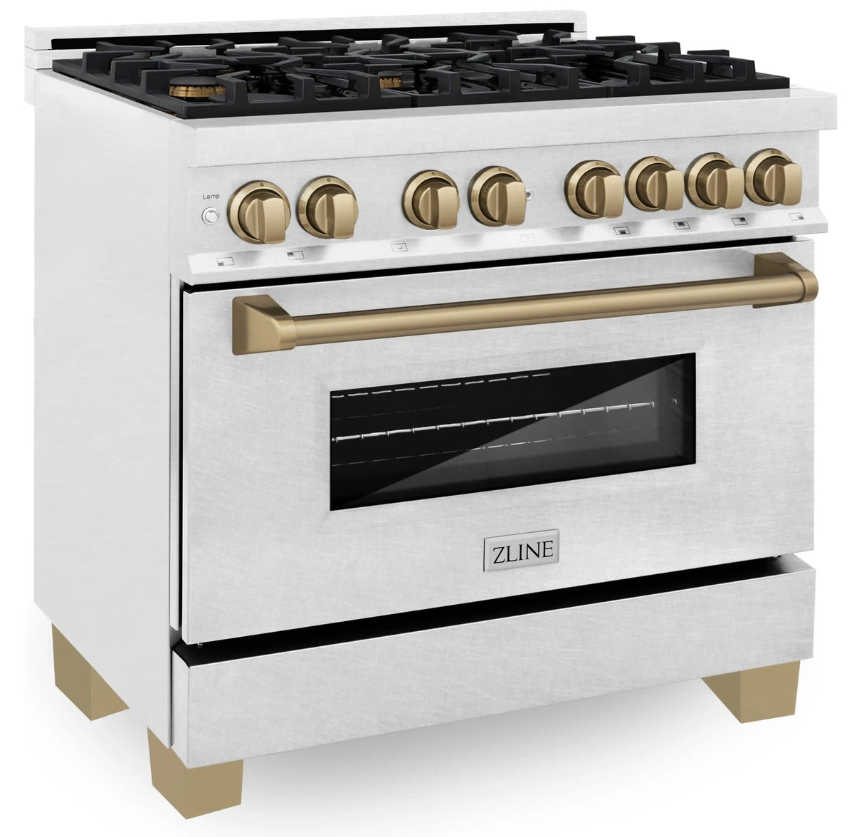 Dual fuel range with stainless front, champagne bronze handle, and cooktop with burner grates