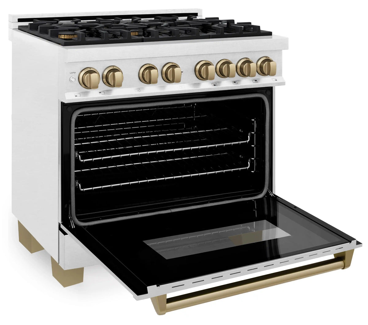 Dual fuel range with oven door open and warming drawer visible, stainless finish