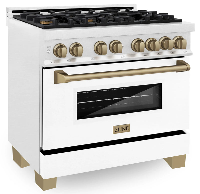 ZLINE Autograph Edition 36-Inch 4.6 cu. ft. Dual Fuel Range with Gas Stove and Electric Oven in DuraSnow® Stainless Steel with White Matte Door and Champagne Bronze Accents (RASZ-WM-36-CB)