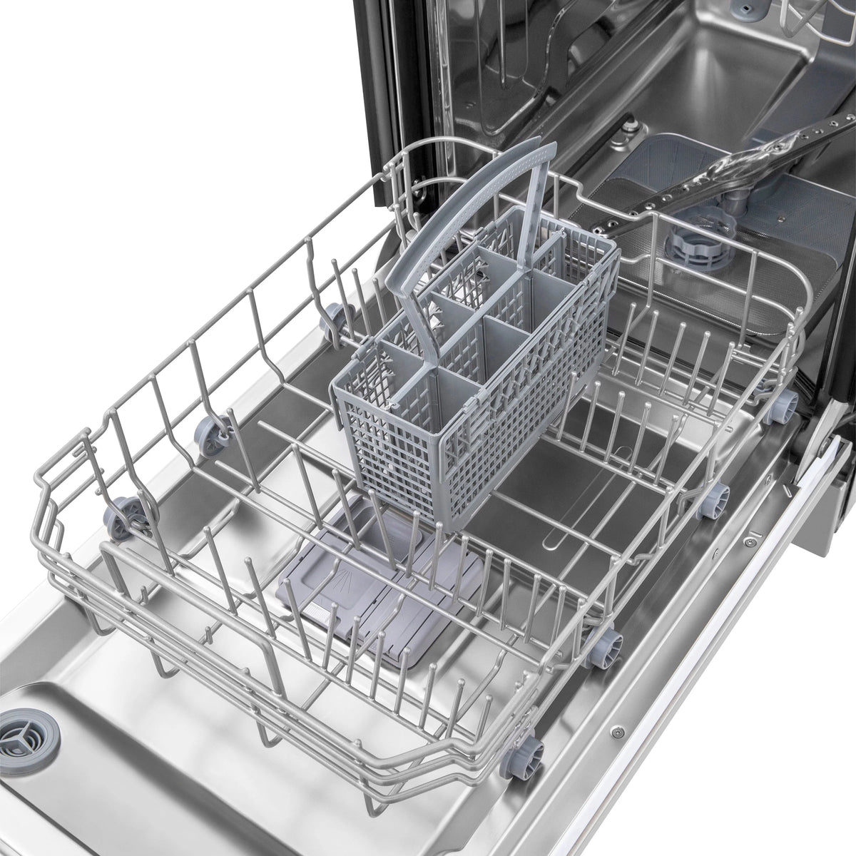 Stainless steel dishwasher tub with wire racks and cutlery basket