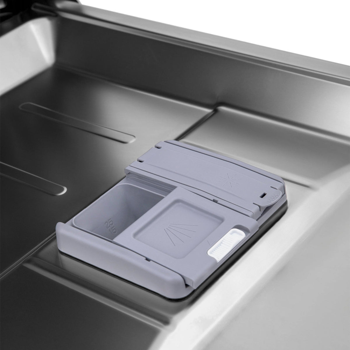 Dishwasher stainless steel tub with gray cleaning dispenser lid