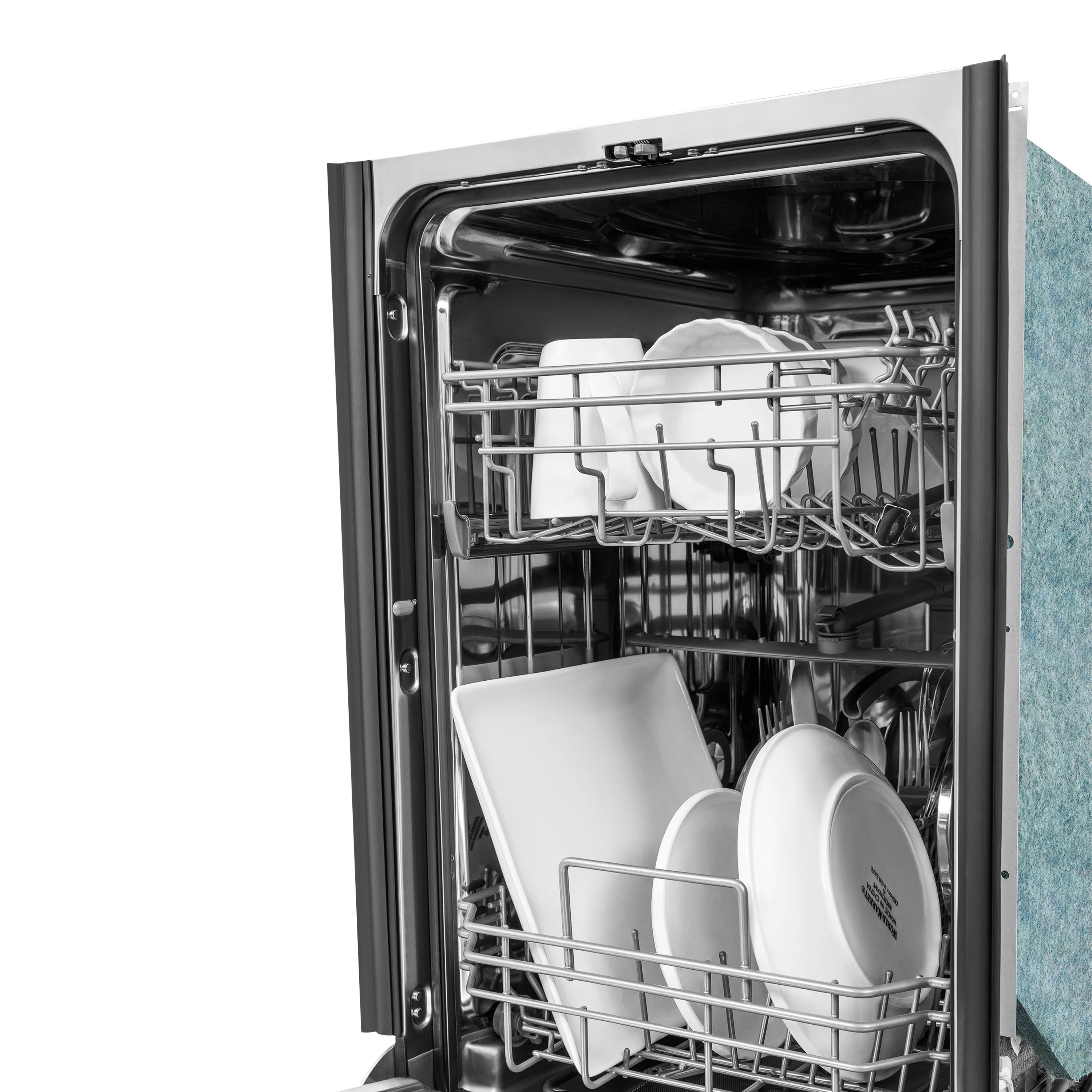 Panel-ready top control dishwasher with stainless interior racks and open door