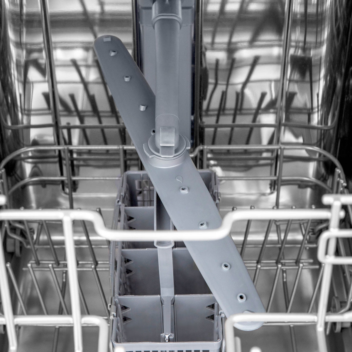 Dishwasher interior spray arm and rack supports, showing stainless components