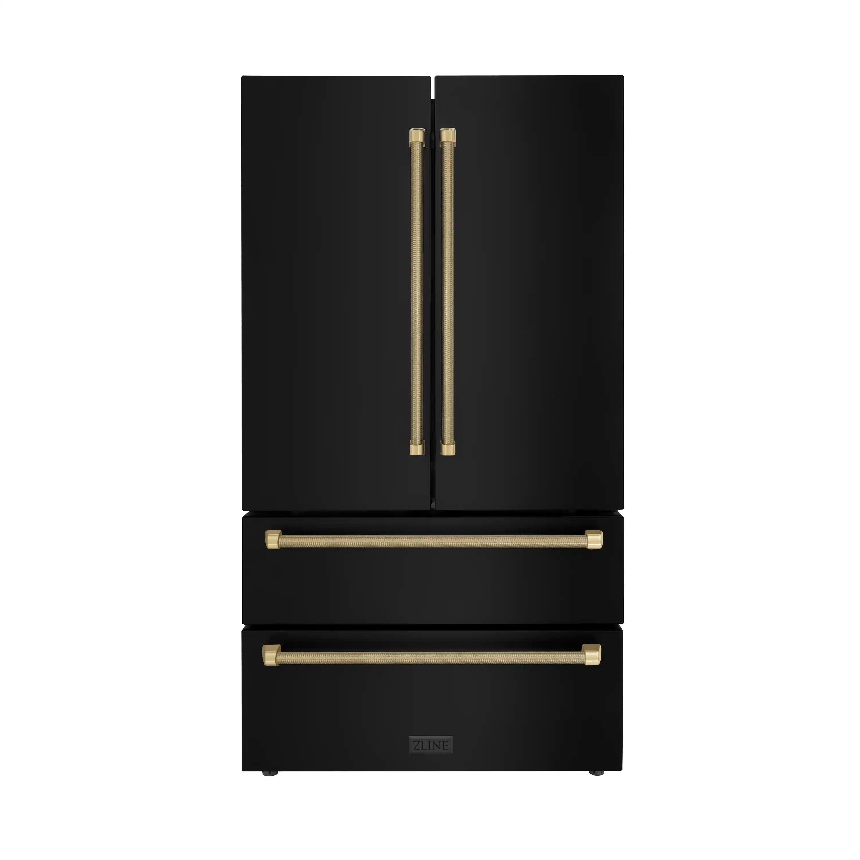 Black counter-depth refrigerator with two doors and bronze helix bar handles