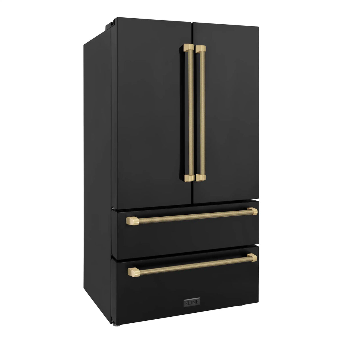 Counter-depth refrigerator front view in matte black with bronze handle accents
