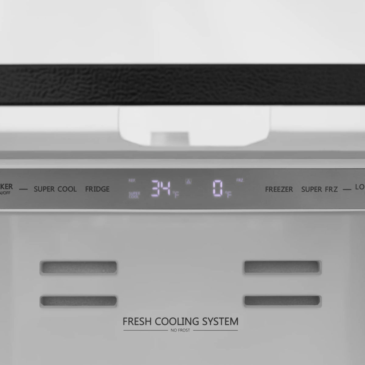 Refrigerator control panel with temperature indicators and Fresh Cooling System text