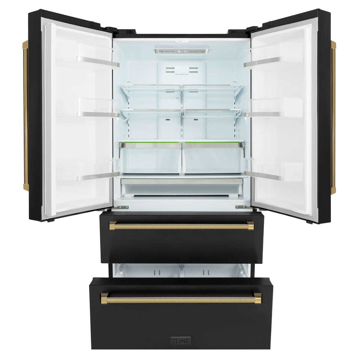 Counter-depth refrigerator with open doors, black finish and gold handles