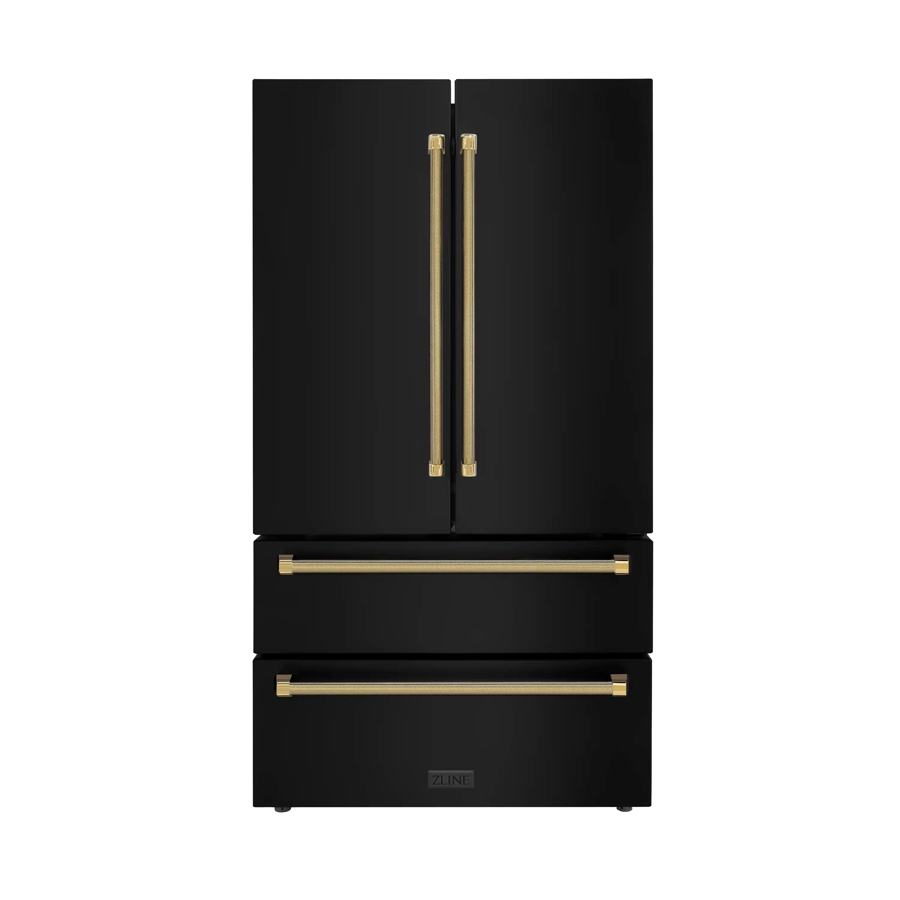 Counter-depth refrigerator front with two vertical gold handles in black
