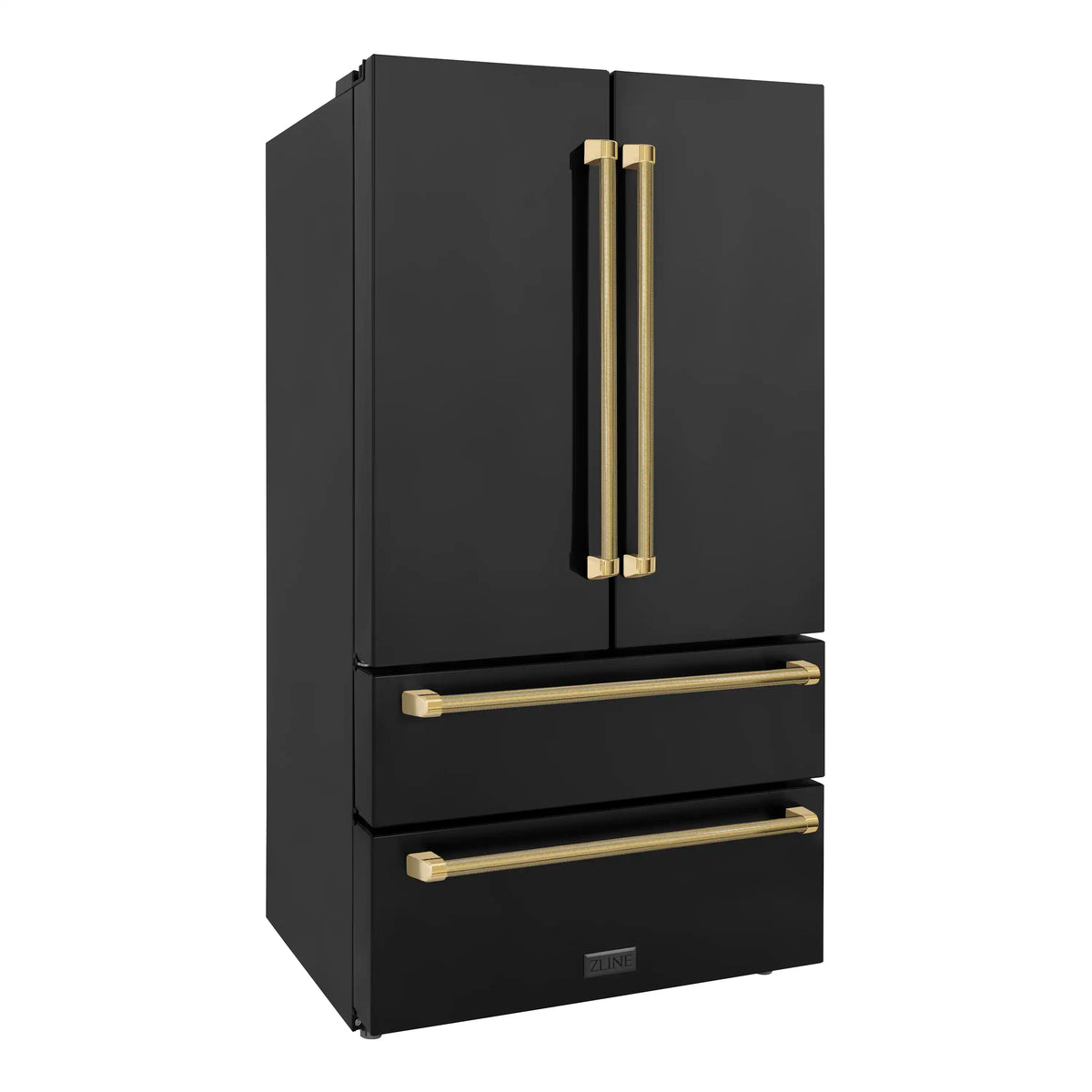 Black stainless refrigerator with gold vertical handles and lower drawer