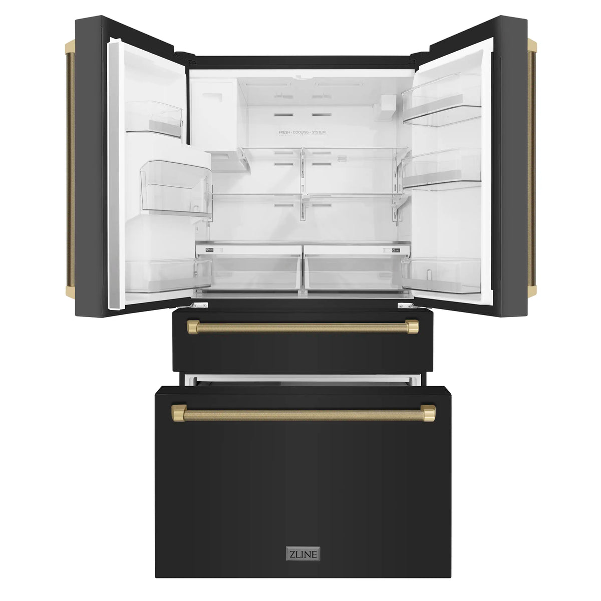ZLINE counter-depth fridge with open doors, visible interior shelving and bronze bar handles
