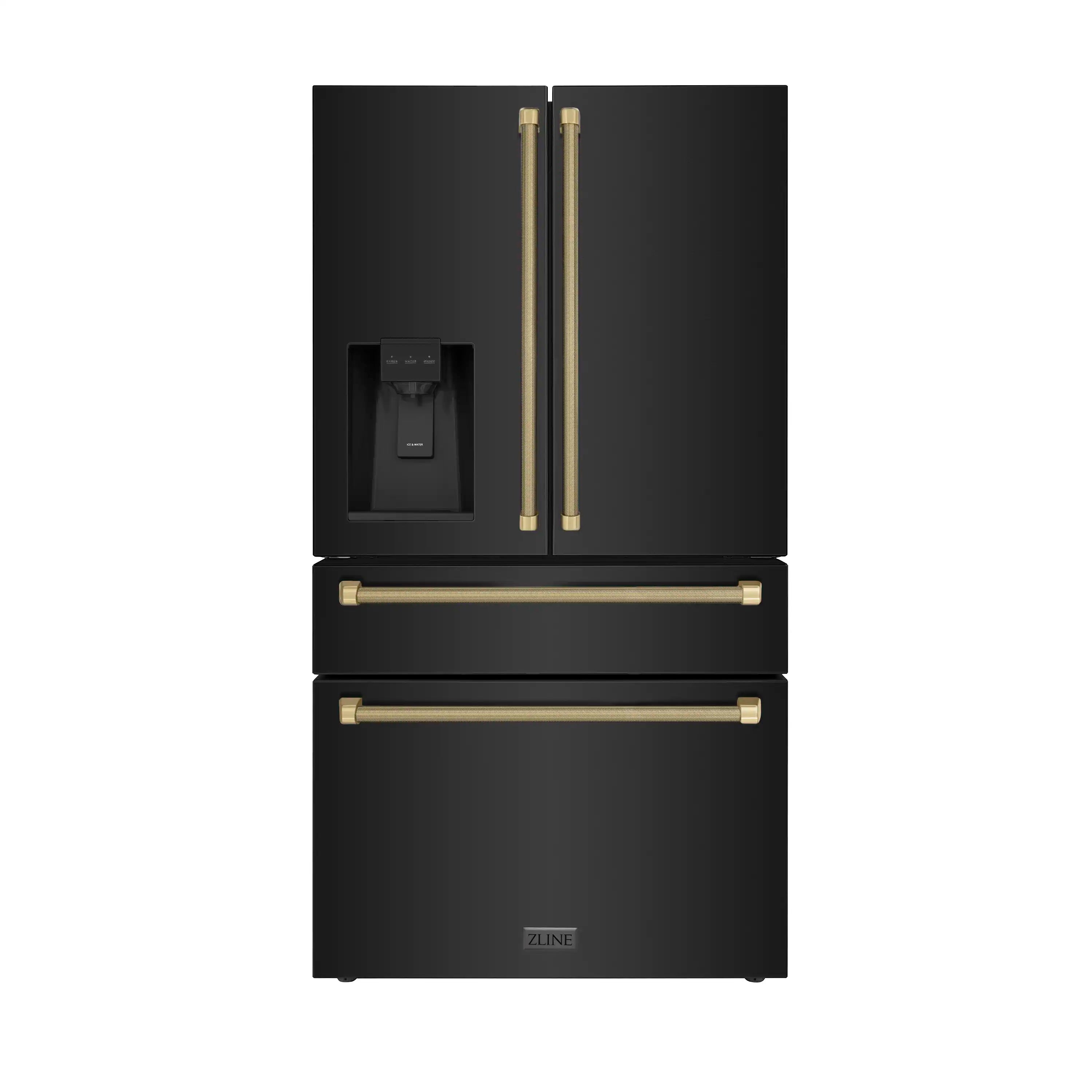 Black stainless steel refrigerator front with water dispenser and bronze helix handles