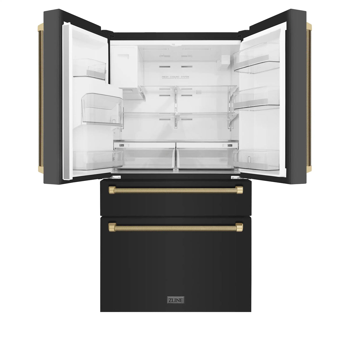 Counter-depth fridge shown open, inner shelves and crispers with bronze bar handles
