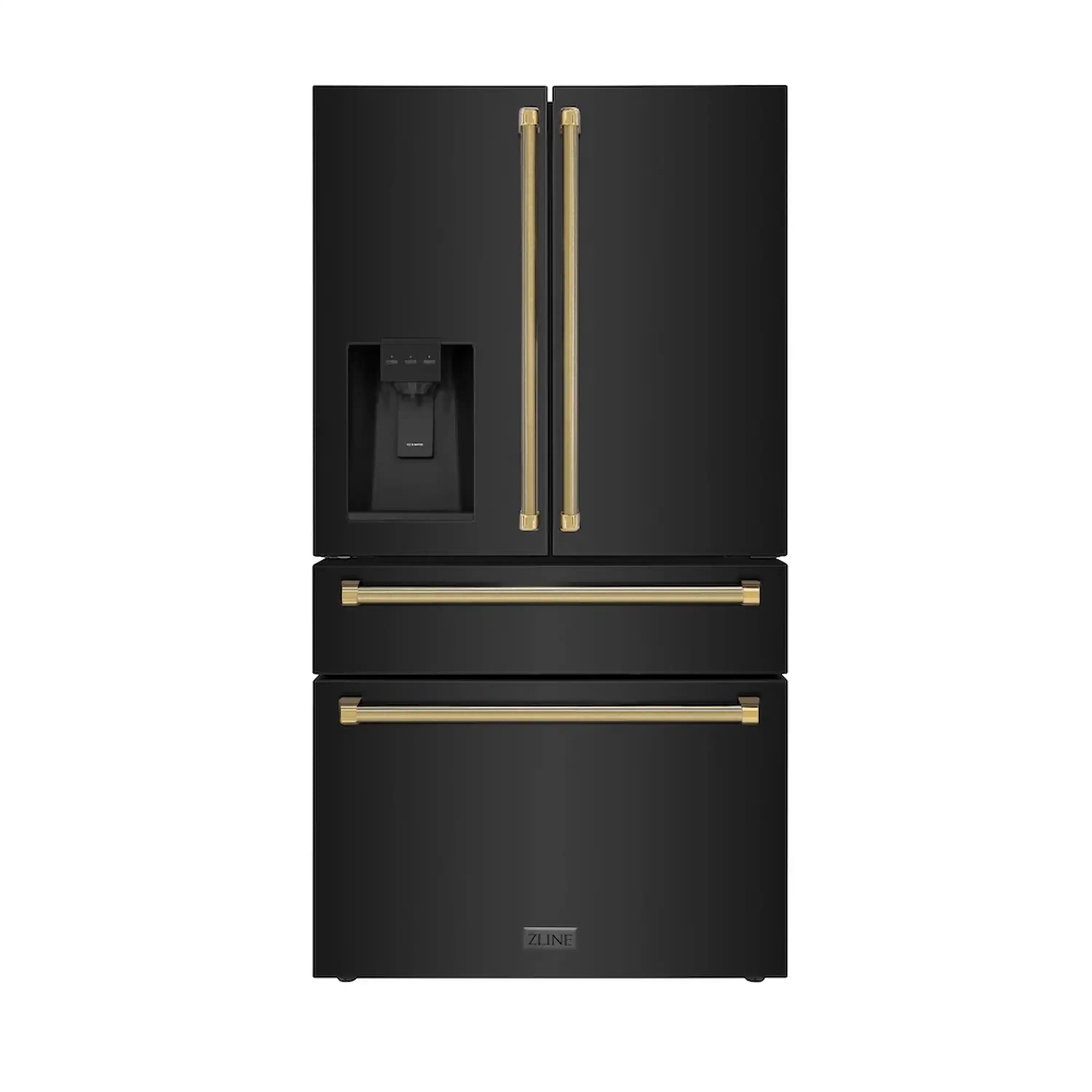 Black stainless steel fridge with gold vertical handles and water dispenser recess