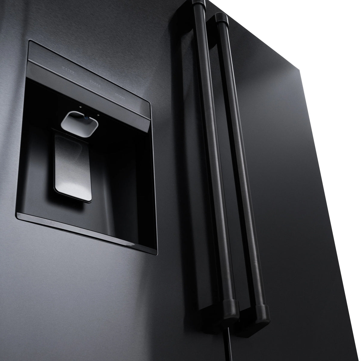Black stainless refrigerator exterior with built-in water dispenser on door