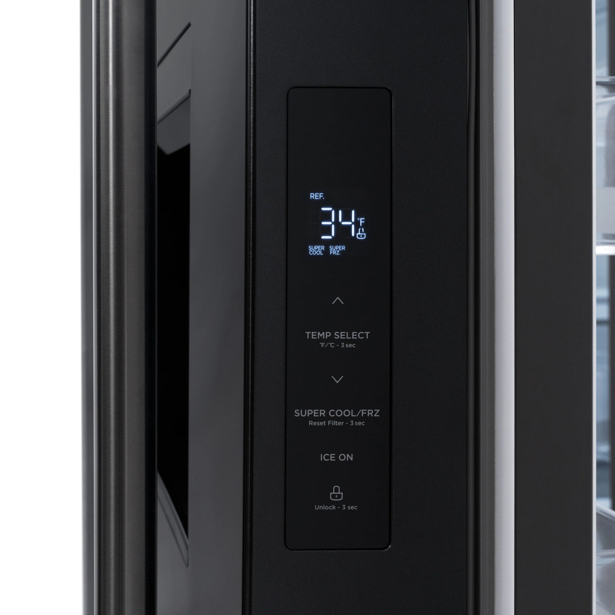Black stainless refrigerator door control panel with digital temperature settings
