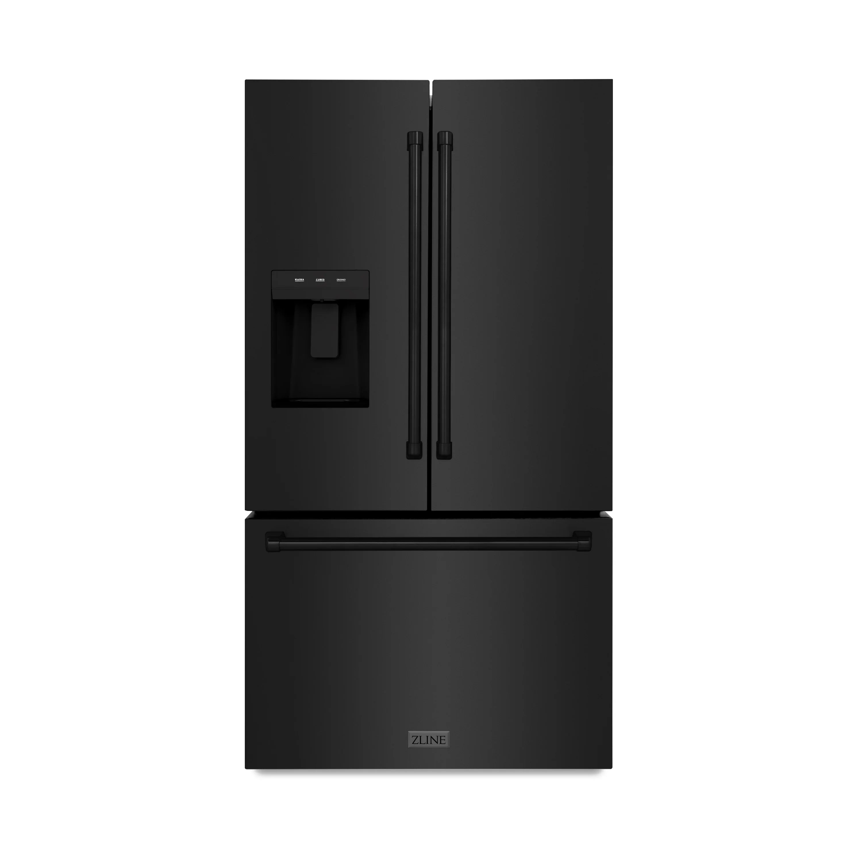 Black stainless French door refrigerator with external water dispenser and ice area