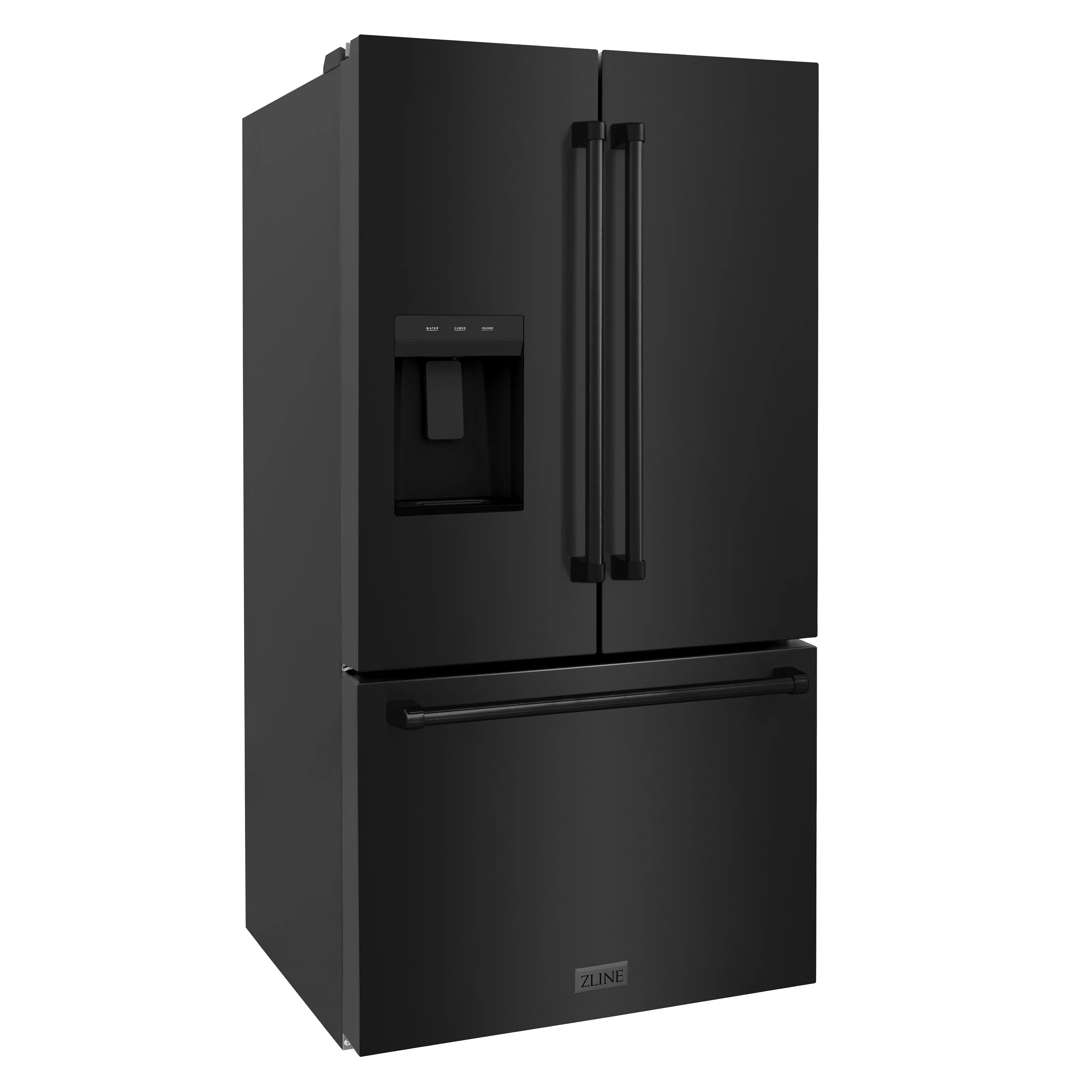 Black stainless French door refrigerator front with dispenser opening and external handle