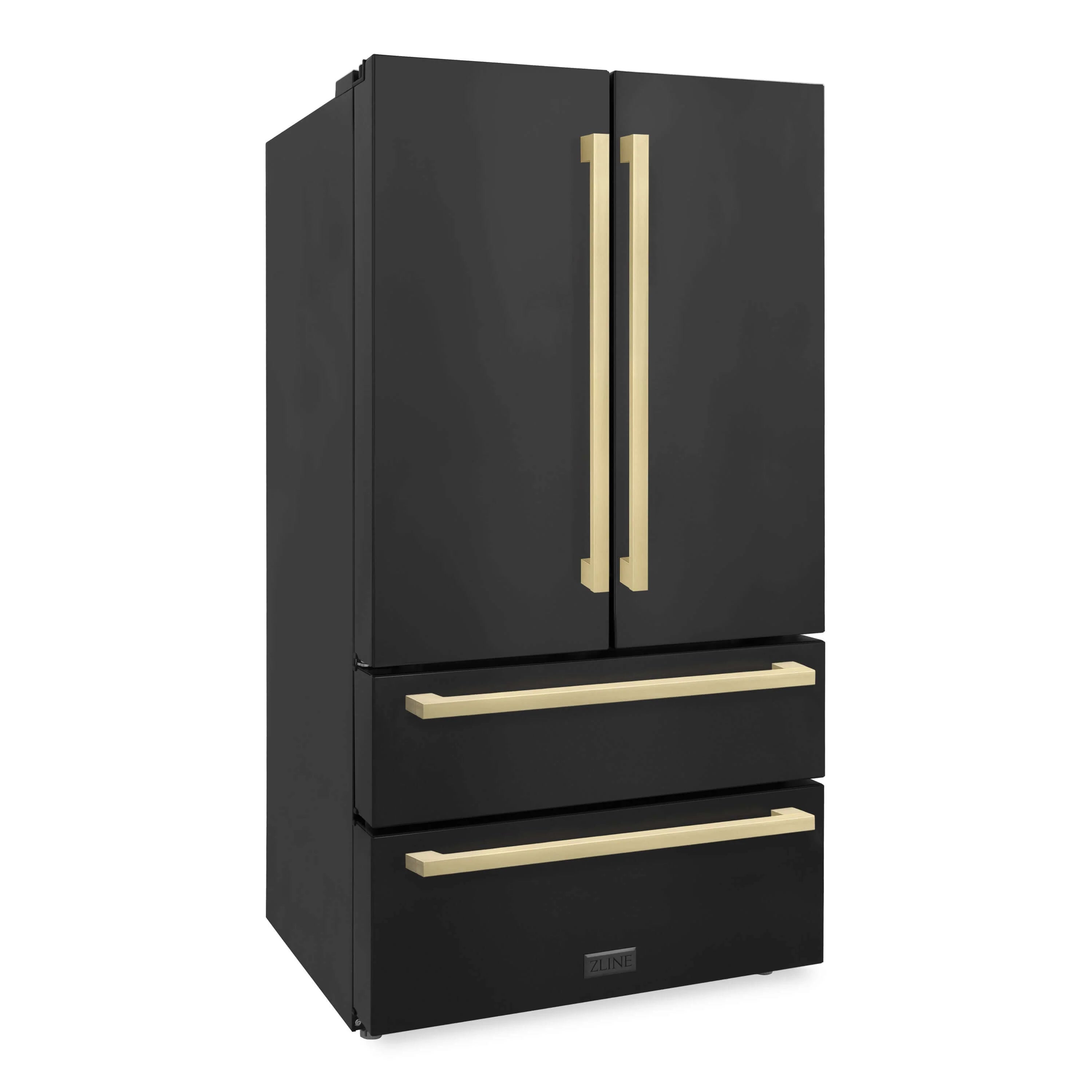 Black French door refrigerator with tall champagne bronze vertical handles