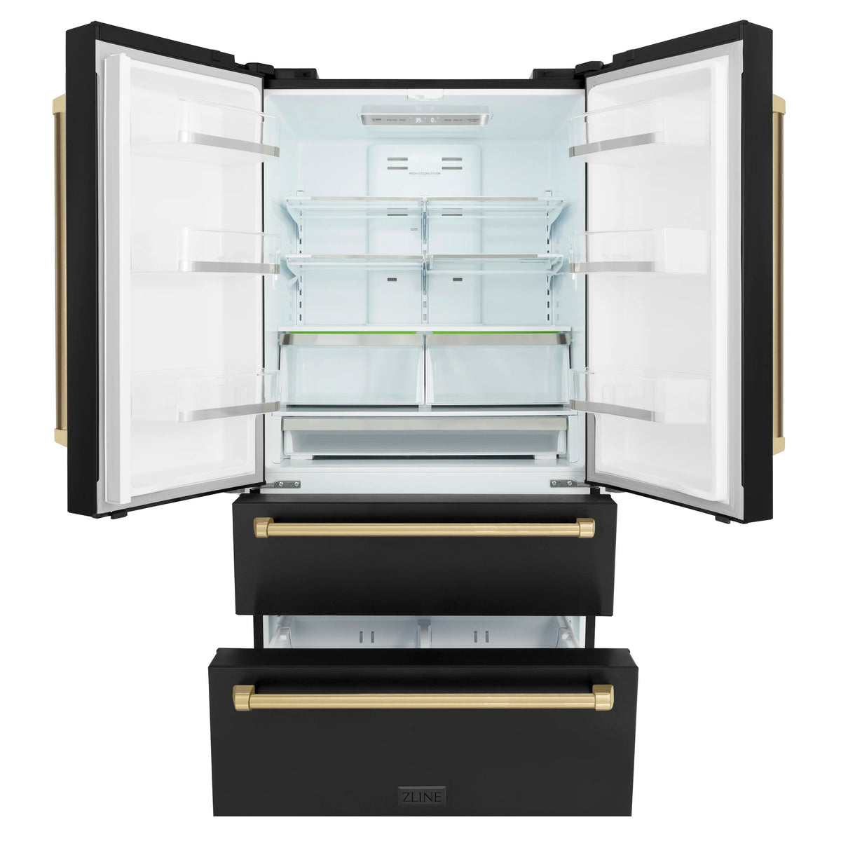 Black stainless steel French door refrigerator with champagne bronze dispenser drawers open