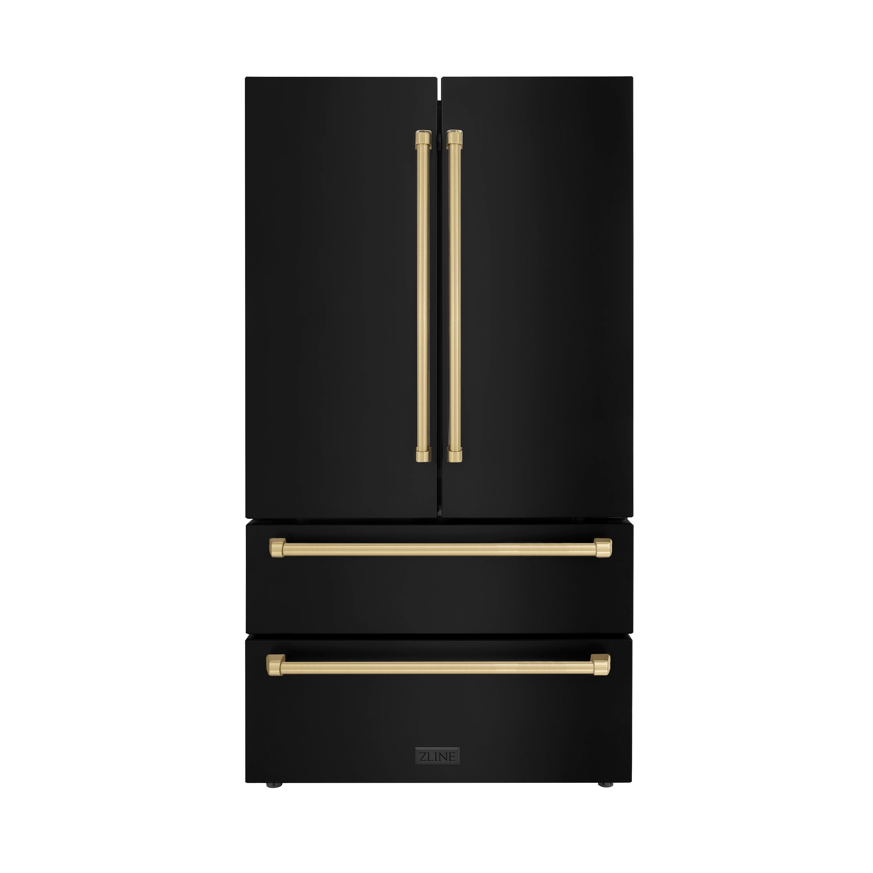 Black stainless steel refrigerator with champagne bronze vertical handles and drawer pulls