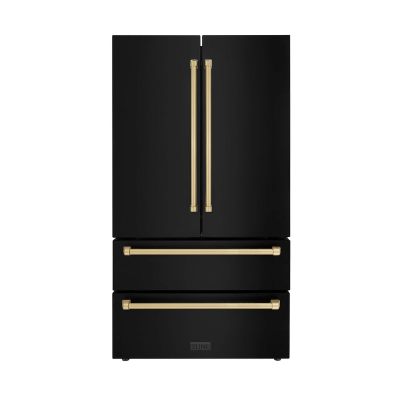 ZLINE Autograph Edition 36-Inch 22.5 cu. ft Freestanding French Door Refrigerator with Ice Maker in Black Stainless Steel with Champagne Bronze Trim (RFMZ-36-BS-CB)