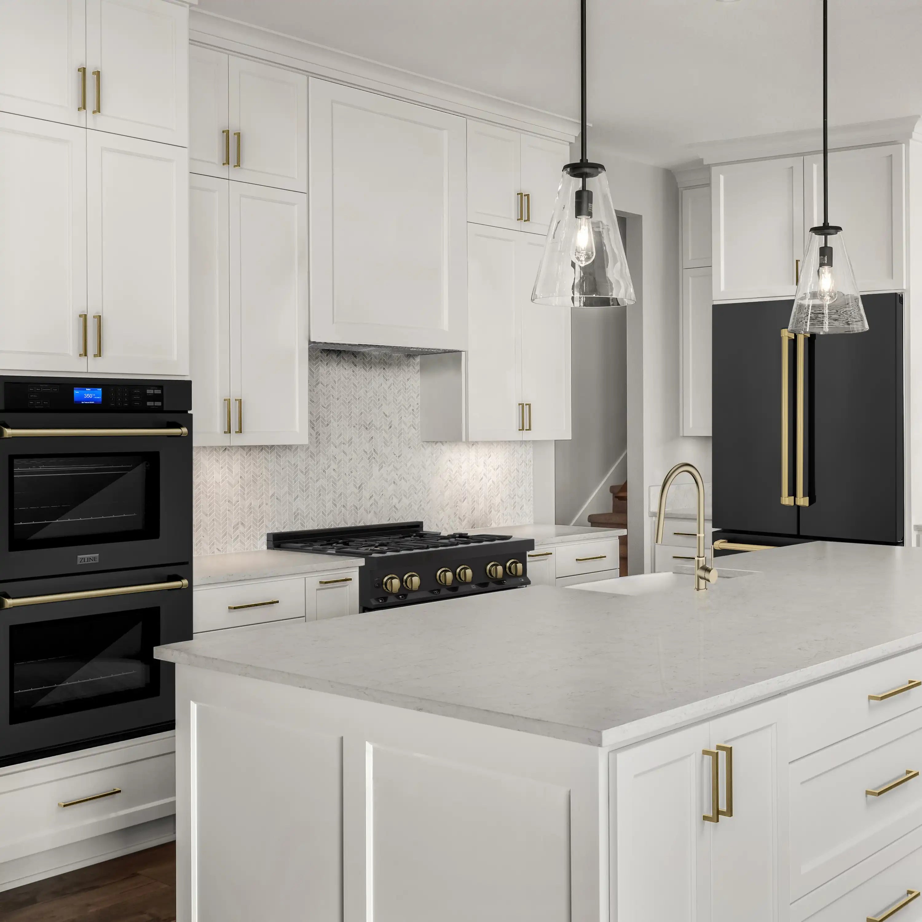 Black stainless steel French door refrigerator with champagne bronze accents in cabinetry
