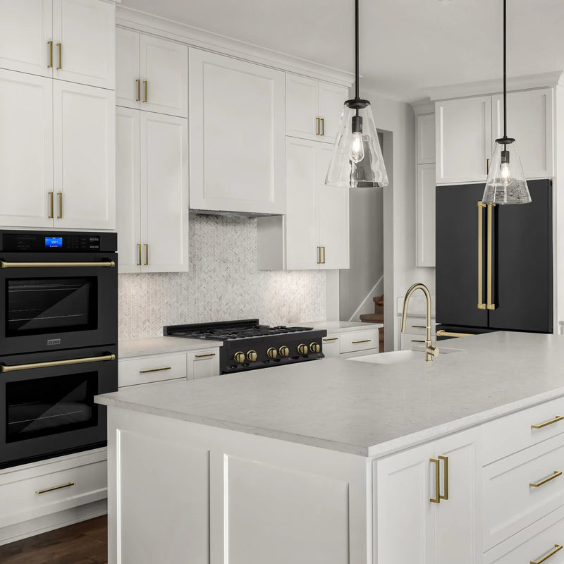ZLINE 5-Piece Appliance Package - 36-Inch Gas Range, Hood, Refrigerator, Dishwasher, and Microwave Drawer in Black Stainless Steel with Champagne Bronze Accents