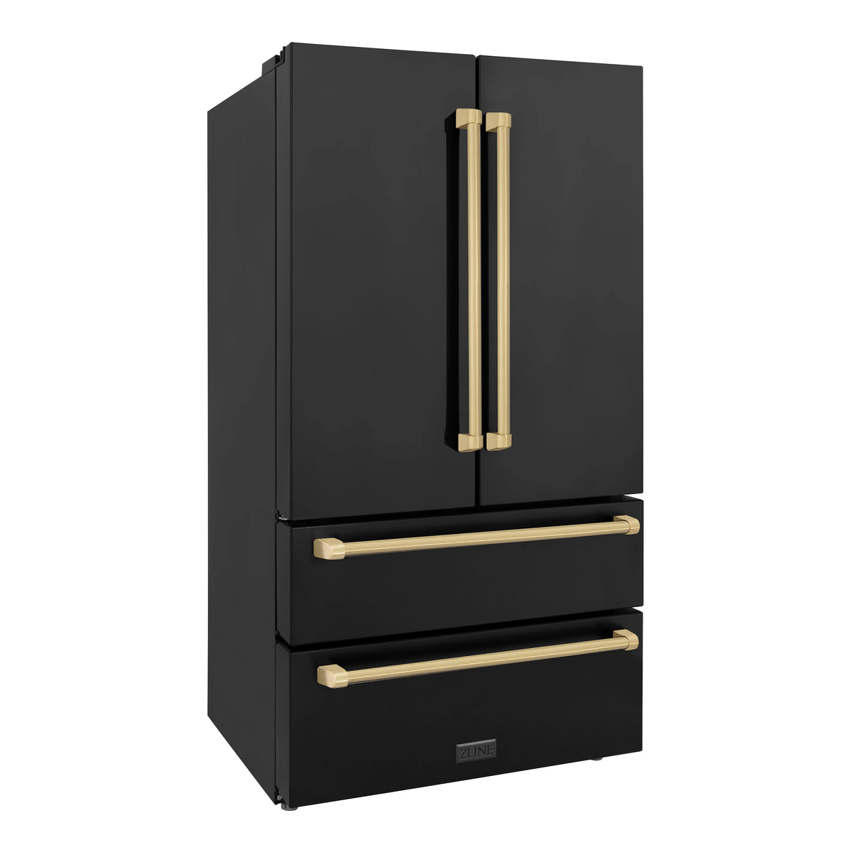 Black stainless steel refrigerator with champagne bronze handle bars and two drawer pulls