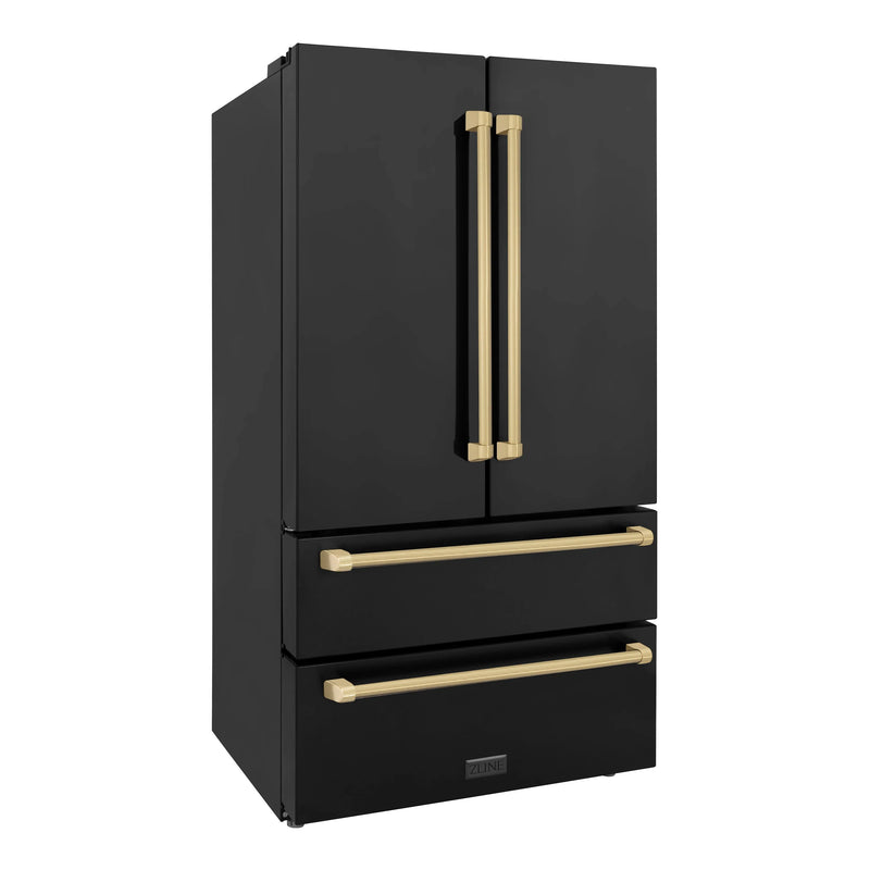 ZLINE 5-Piece Appliance Package - 36-Inch Gas Range, Hood, Refrigerator, Dishwasher, and Microwave Drawer in Black Stainless Steel with Champagne Bronze Accents
