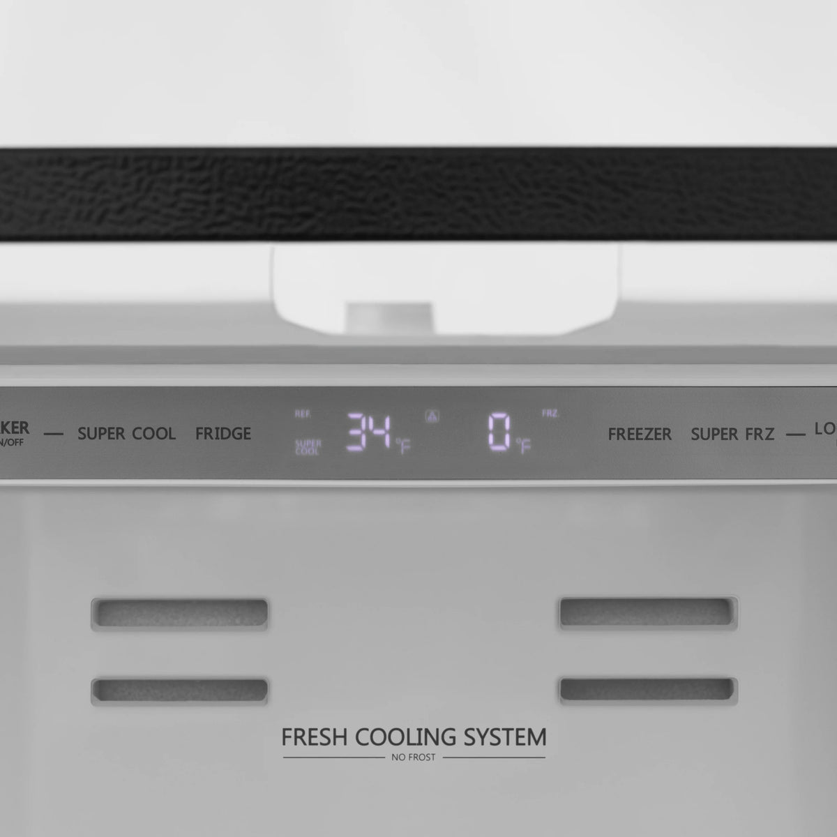 Refrigerator control panel with Fresh Cooling System text and temperature indicators