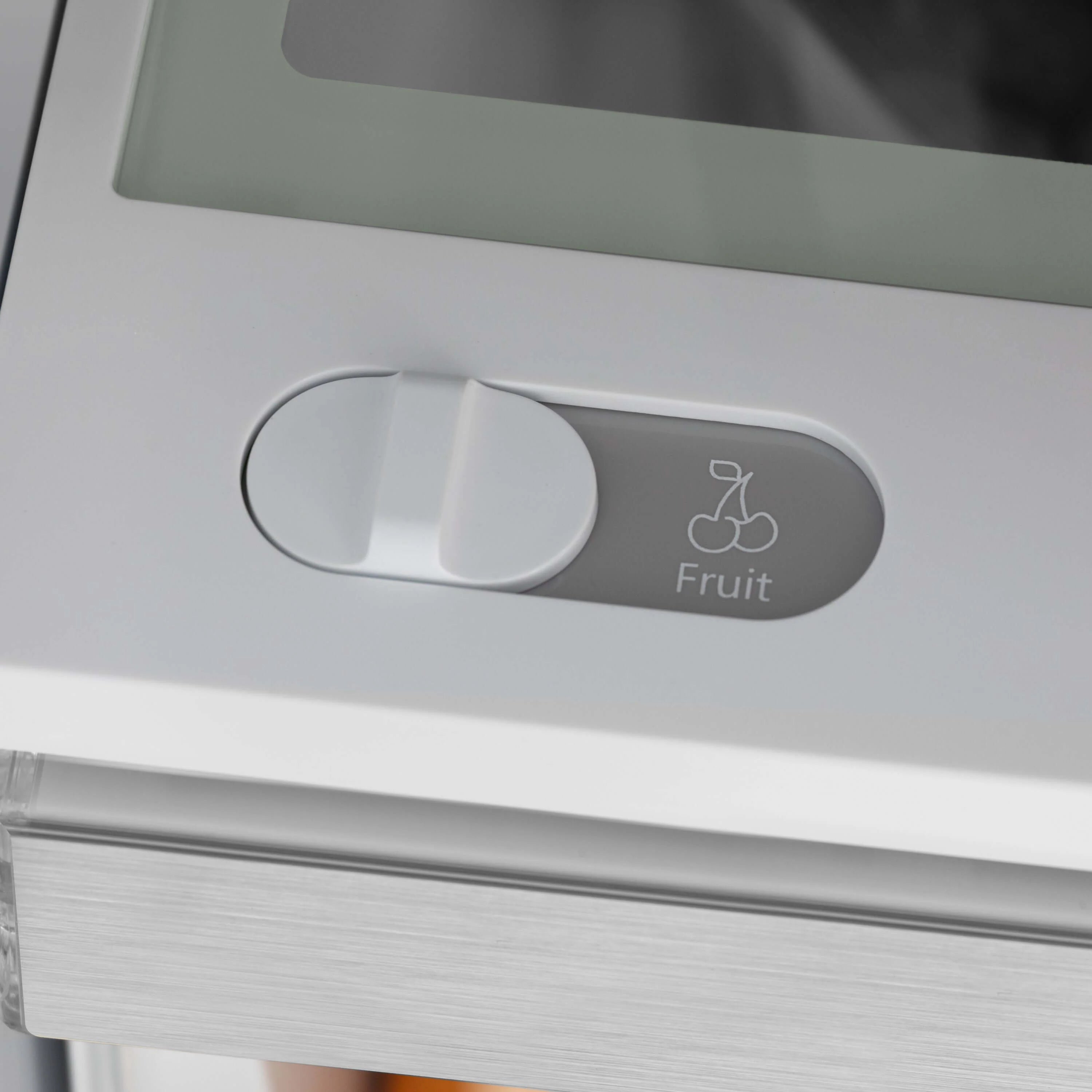 Refrigerator fruit drawer with curved handle and Fruit indicator