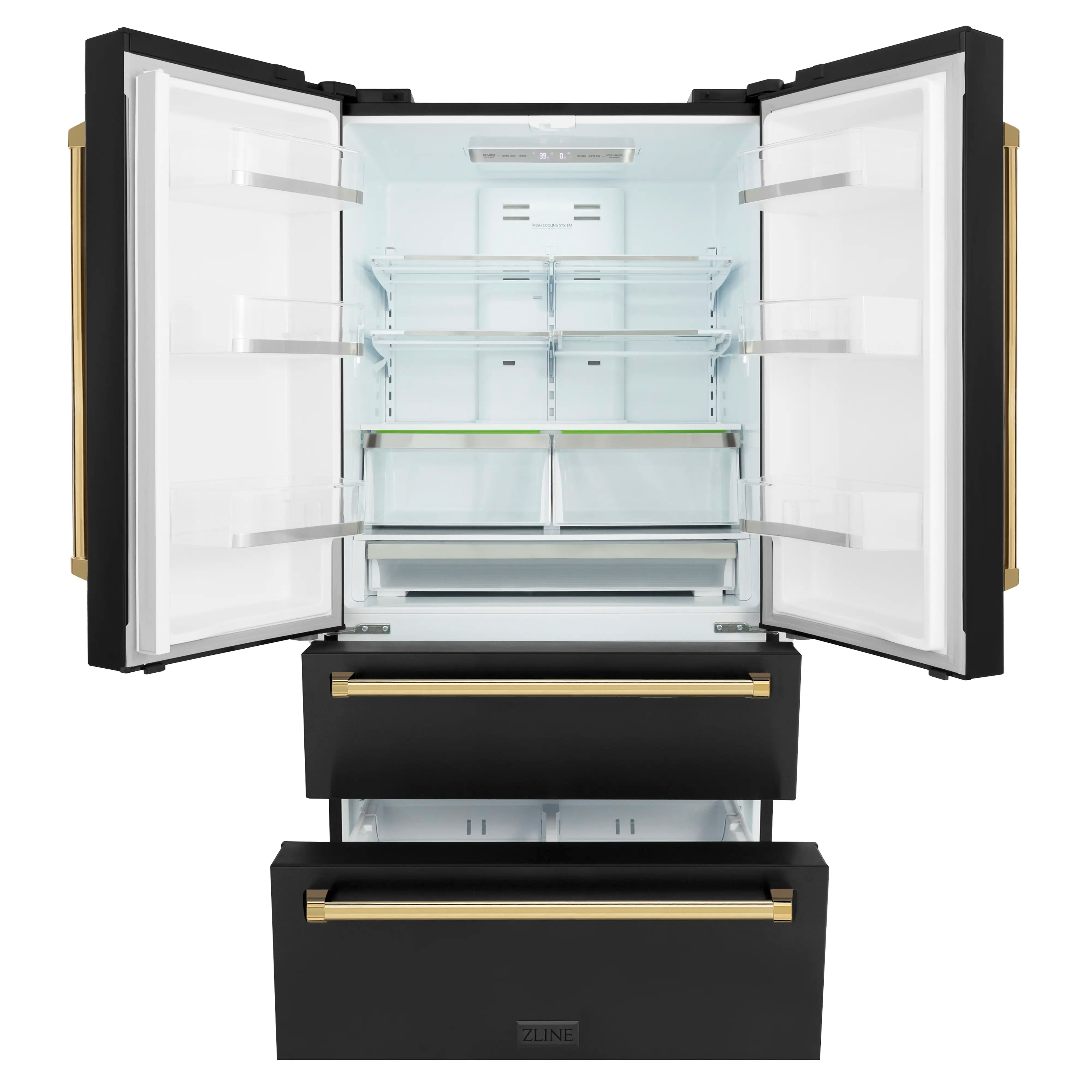 Black stainless French-door refrigerator with gold-accented pull-out freezer drawers