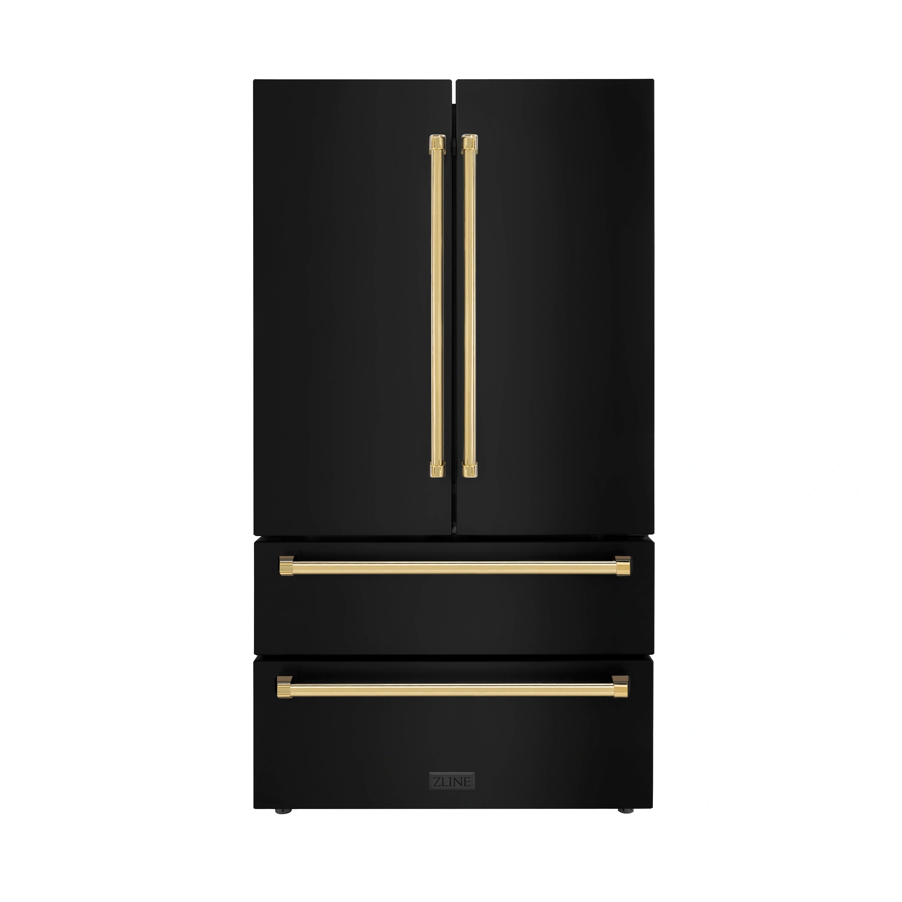 Black stainless steel French door refrigerator with gold handle trims and ice maker drawer