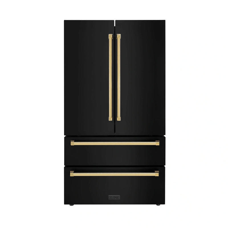 ZLINE 4-Piece Appliance Package - 36-Inch Dual Fuel Range, Hood, Refrigerator, and Dishwasher in Black Stainless Steel with Gold Accents