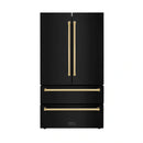 ZLINE 4-Piece Appliance Package - 48-Inch Gas Range, Hood, Refrigerator, and Dishwasher in Black Stainless Steel with Gold Accents