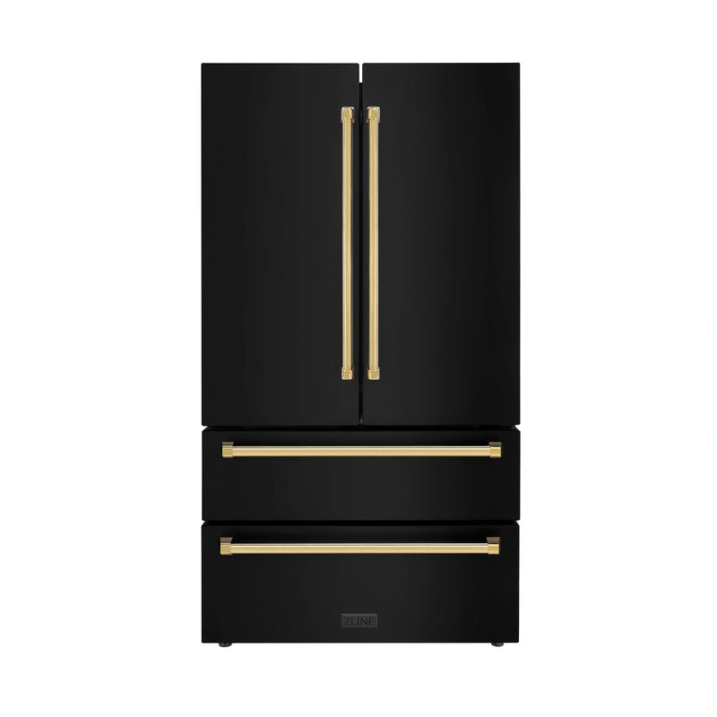 ZLINE Autograph Edition 36-Inch 22.5 cu. ft Freestanding French Door Refrigerator with Ice Maker in Black Stainless Steel with Gold Trim (RFMZ-36-BS-G)
