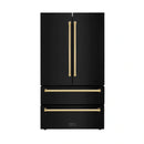ZLINE 4-Piece Appliance Package - 36-Inch Gas Range, Hood, Refrigerator, and Dishwasher in Black Stainless Steel with Gold Accents