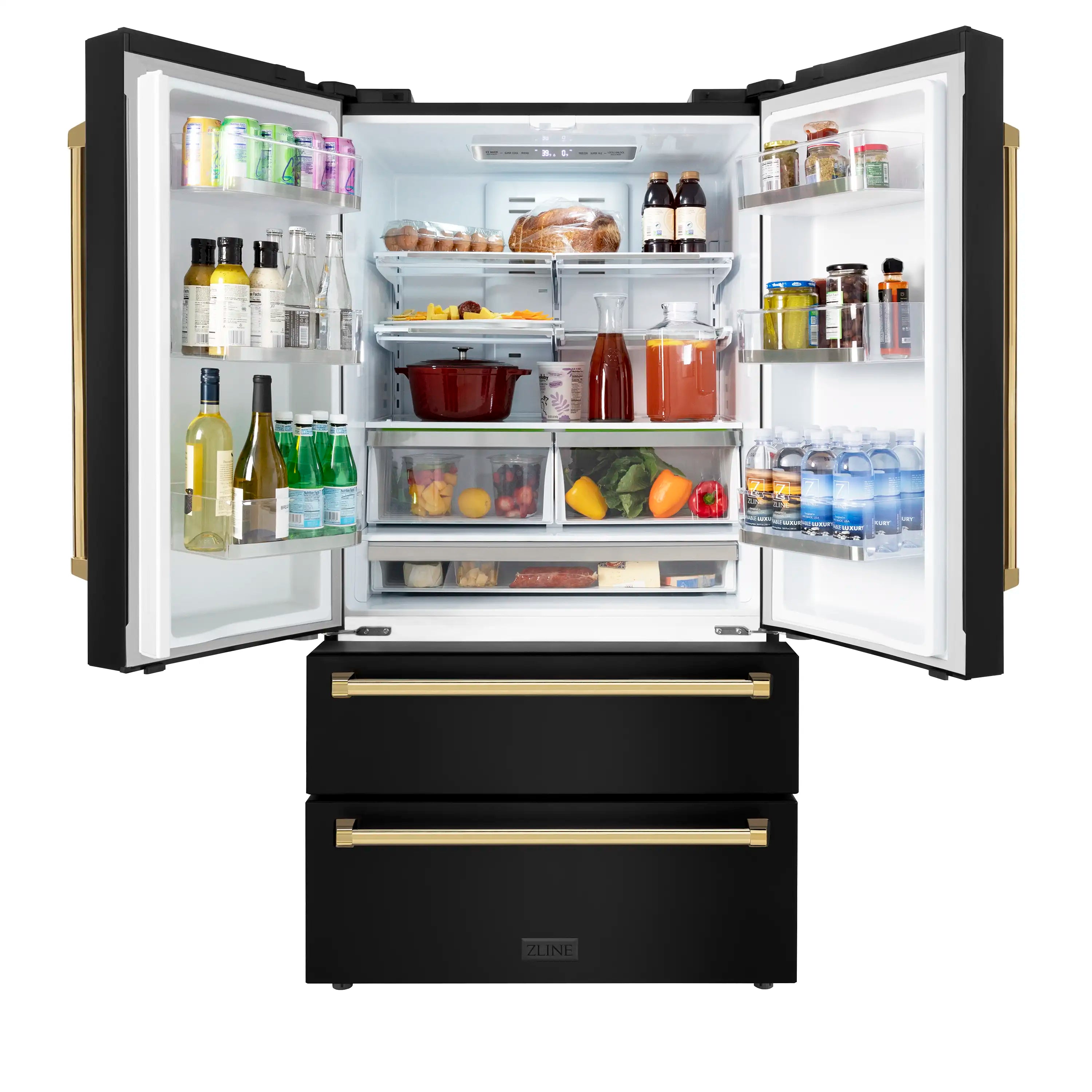 French door refrigerator open with stocked shelves, door bins, and bottom drawer area.