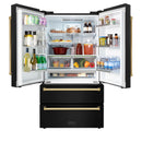 ZLINE 4-Piece Appliance Package - 48-Inch Paramount Gas Range, Wall Mount Range Hood, 36-Inch French Door Refrigerator, Dishwasher, in Black Stainless Steel with Gold Accents