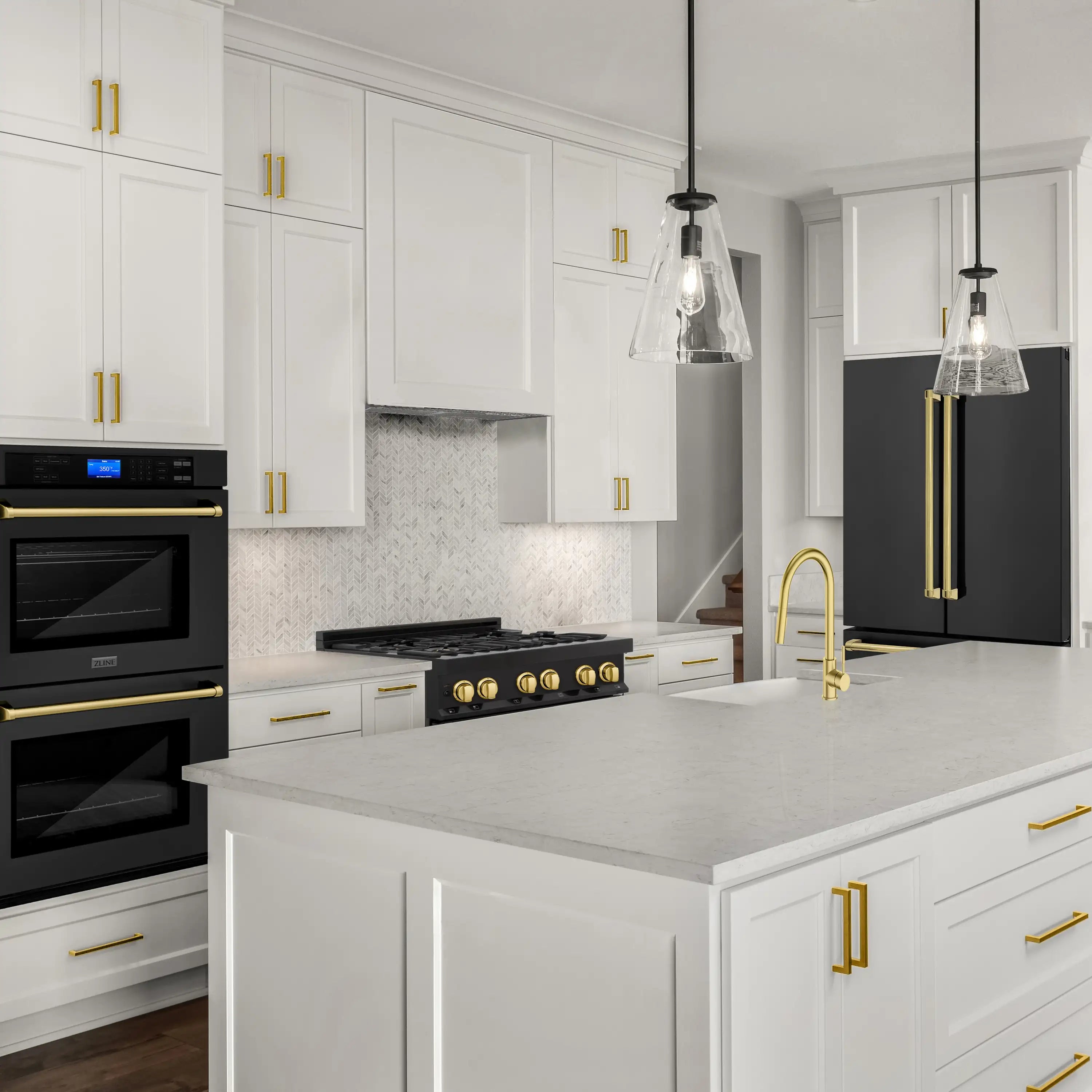 Black stainless steel freestanding refrigerator with gold vertical handles, bottom freezer drawers