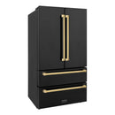 ZLINE 4-Piece Appliance Package - 48-Inch Paramount Gas Range, Wall Mount Range Hood, 36-Inch French Door Refrigerator, Dishwasher, in Black Stainless Steel with Gold Accents