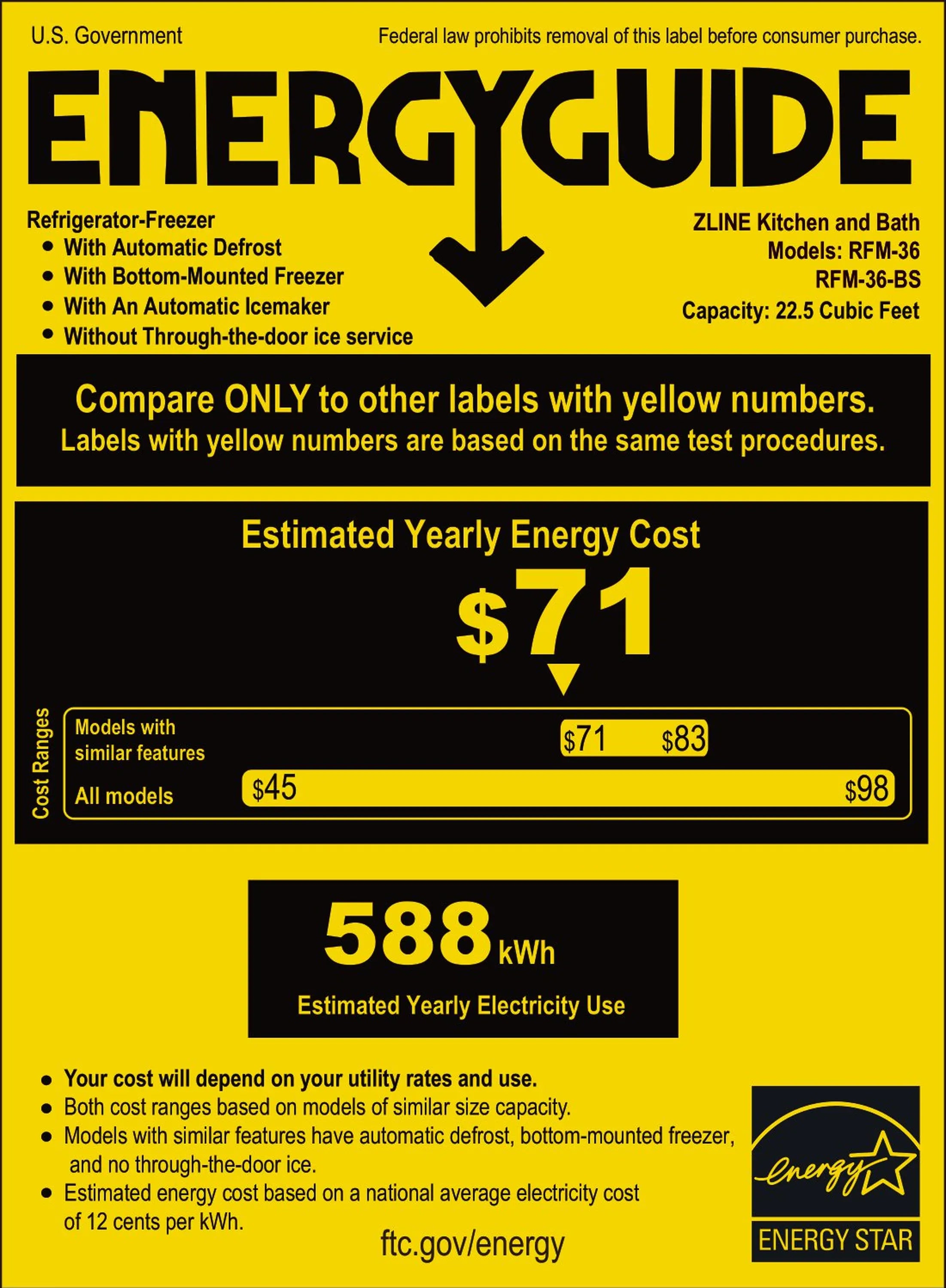 Refrigerator EnergyGuide label showing estimated yearly electricity use.