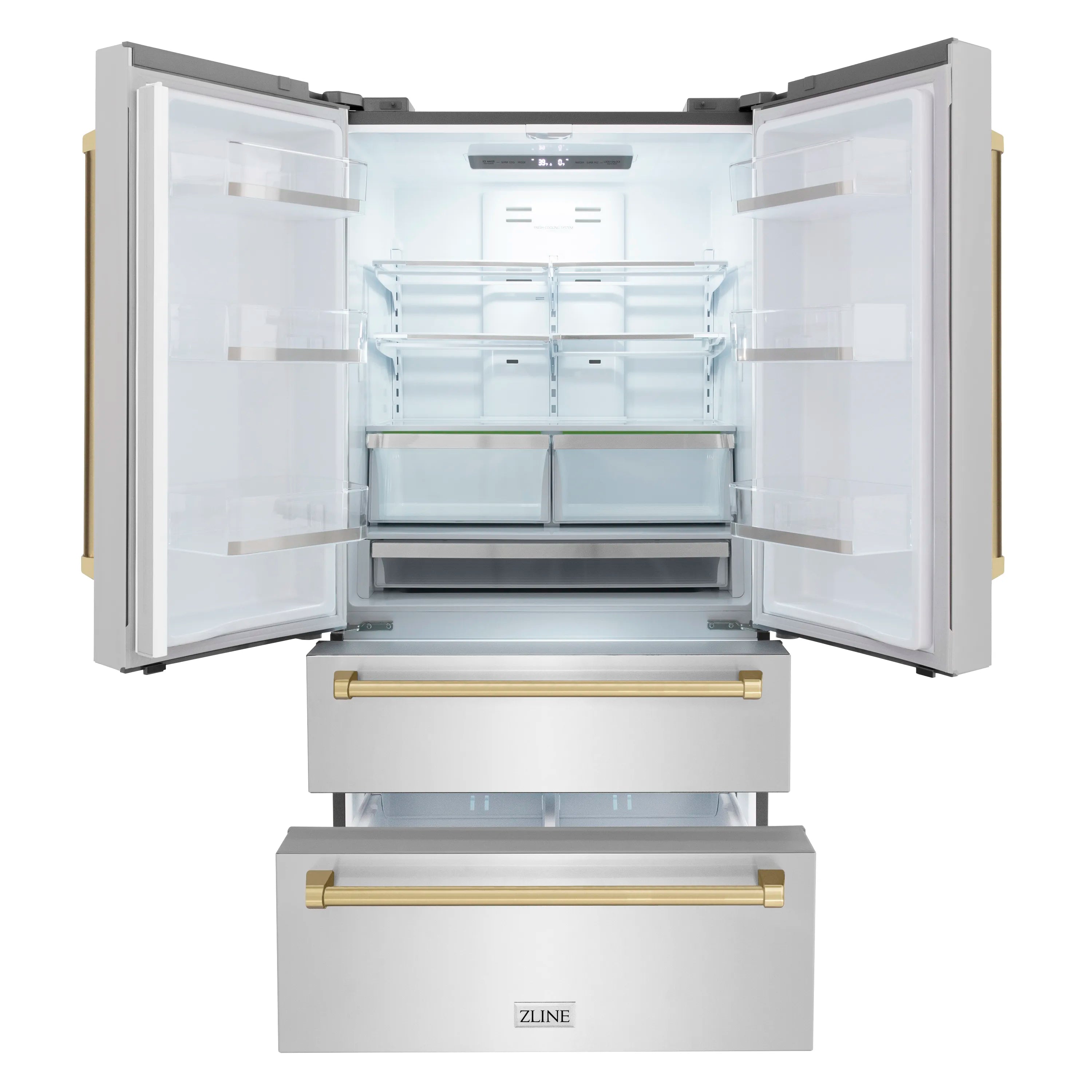 Freestanding French door refrigerator interior with shelves, bins, and open freezer drawer