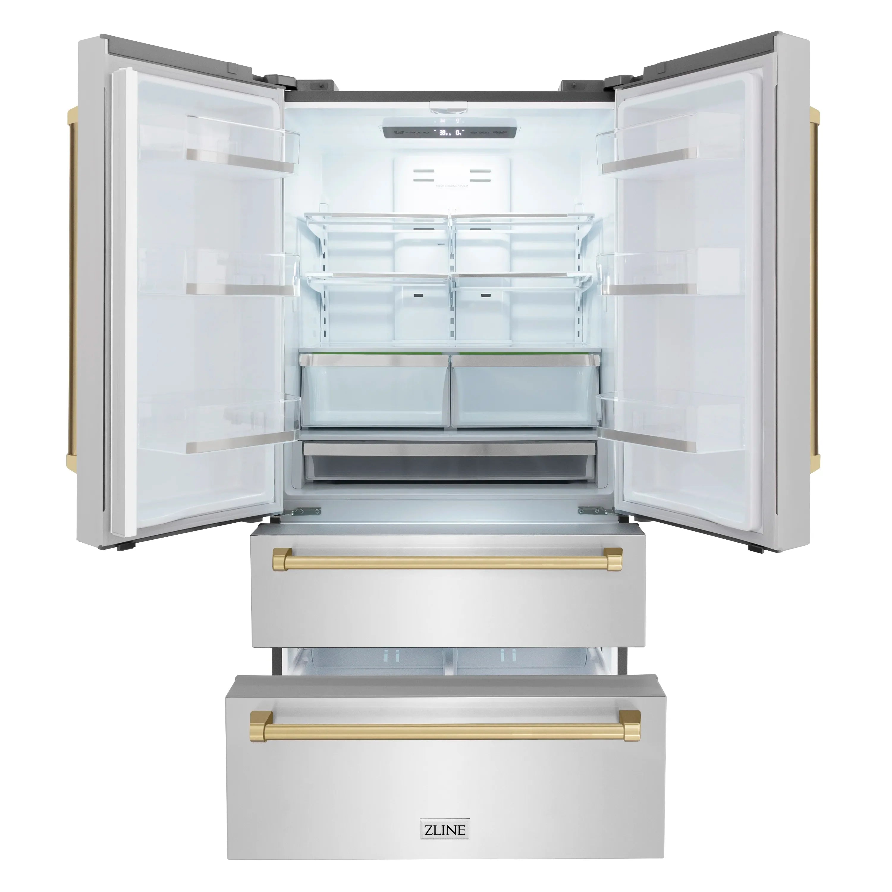 French door refrigerator open view with shelves and drawers, plus champagne bronze freezer handles