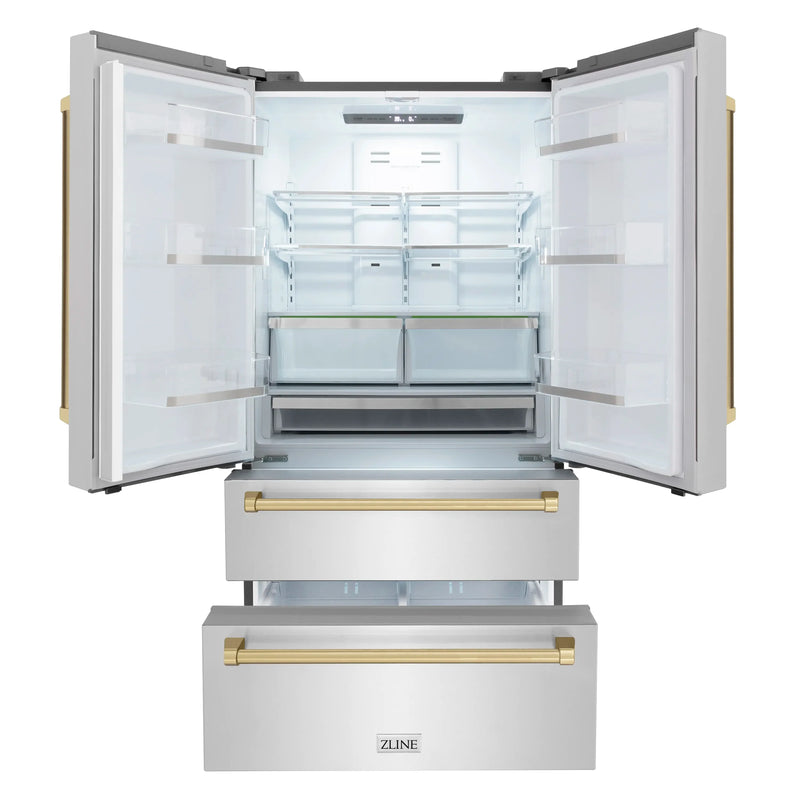 ZLINE 5-Piece Appliance Package - 30-Inch Dual Fuel Range, Hood, Refrigerator, Dishwasher, and Microwave Drawer in Stainless Steel with Champagne Bronze Accents