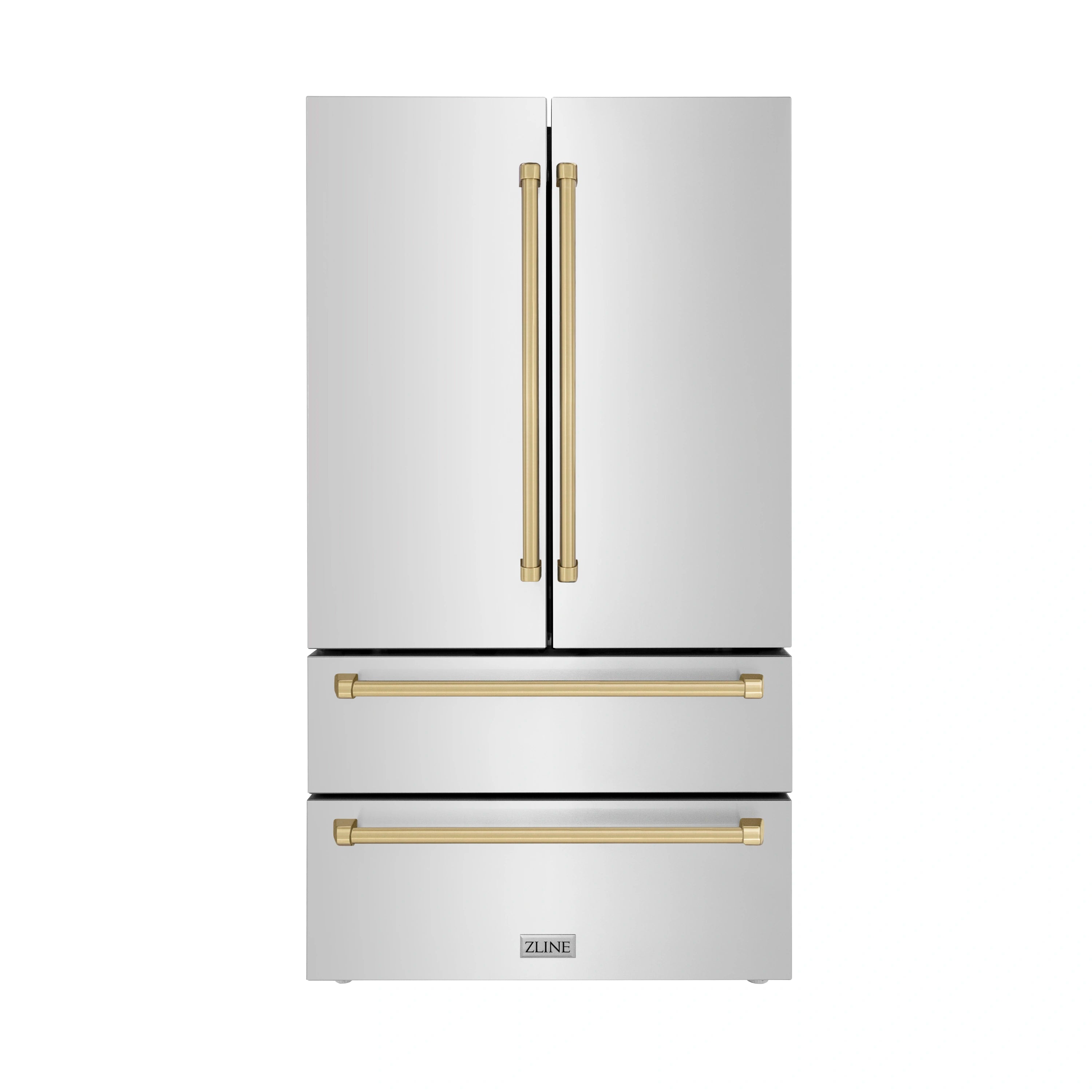 Freestanding French door refrigerator with vertical French-door handles in champagne bronze trim