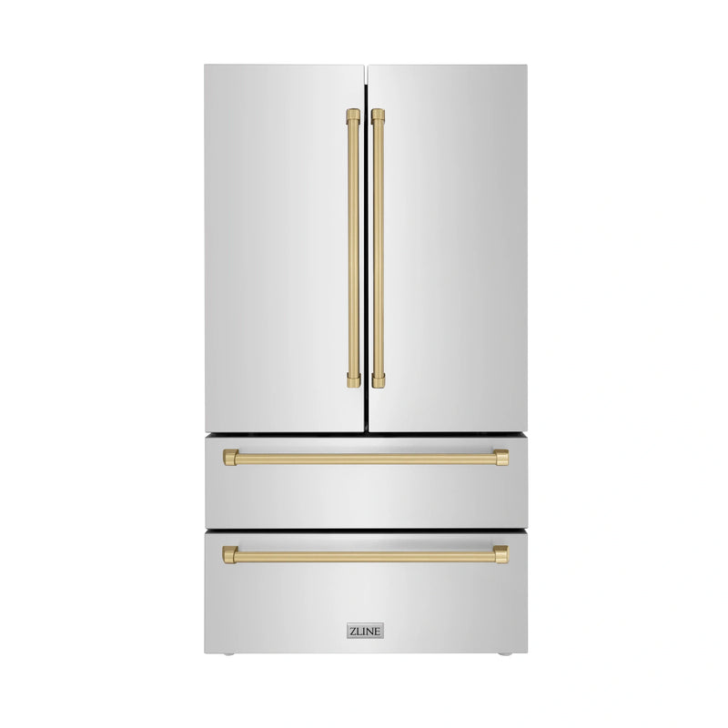 ZLINE 4-Piece Appliance Package - 36-Inch Dual Fuel Range, Hood, Refrigerator, and Dishwasher in Stainless Steel with Champagne Bronze Accents